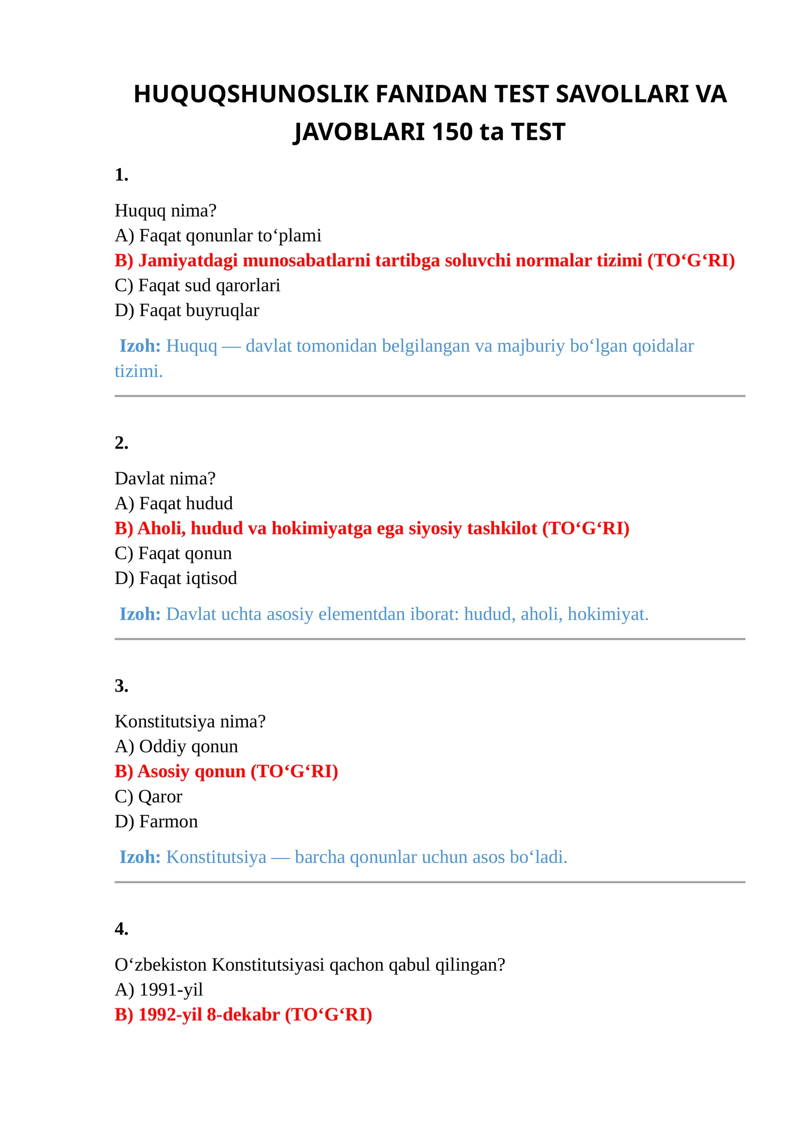 HUQUQSHUNOSLIK FANIDAN TEST SAVOLLARI VA JAVOBLARI 150 ta TEST