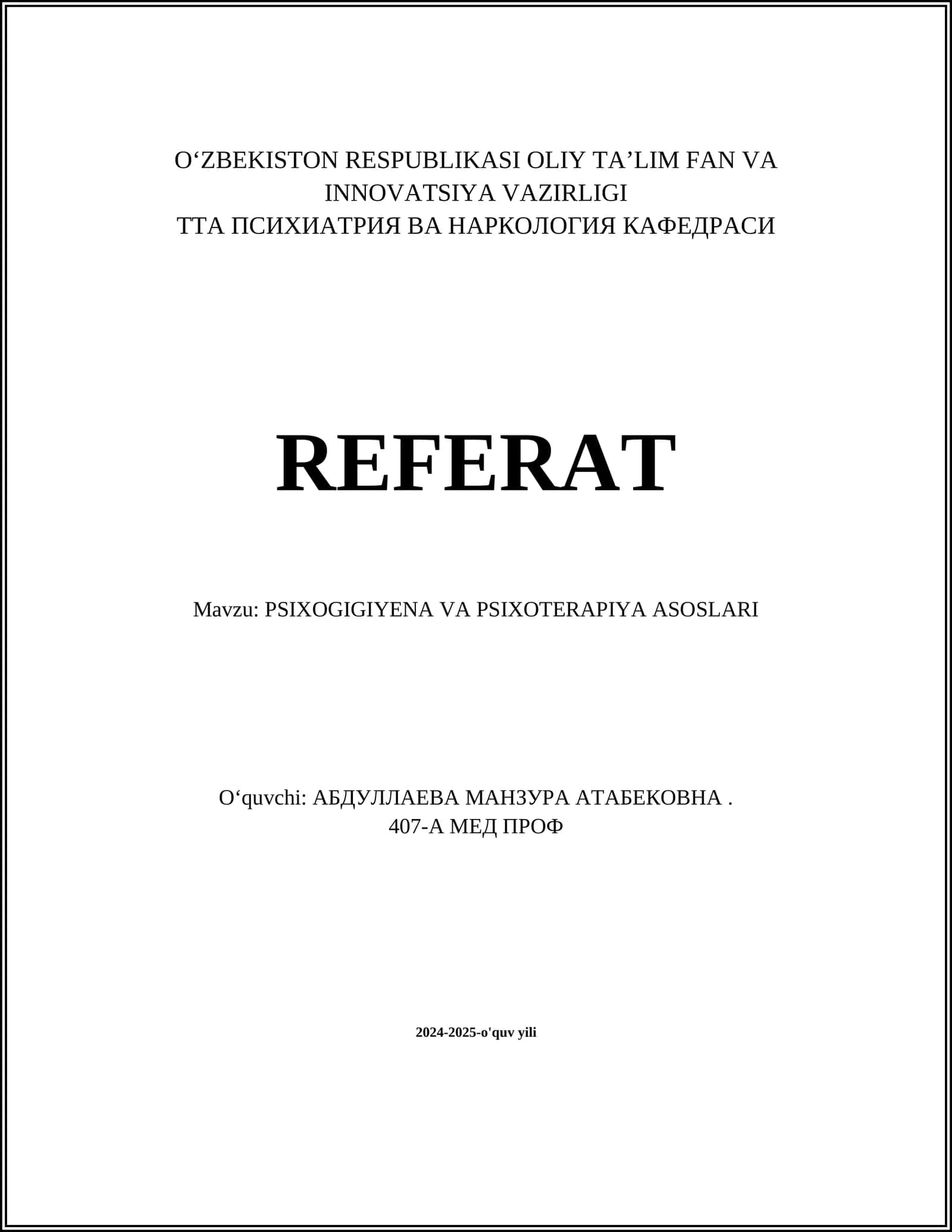 PSIXOGIGIYENA VA PSIXOTERAPIYA ASOSLARI