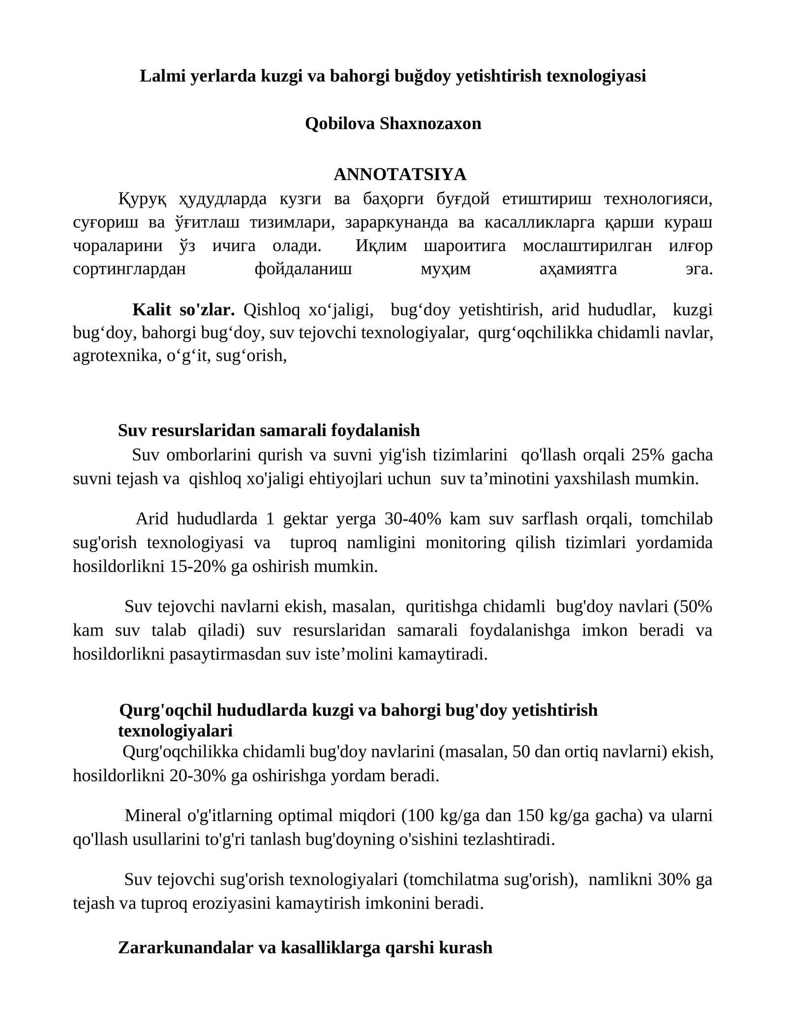 Lalmi yerlarda kuzgi va bahorgi buğdoy yetishtirish texnologiyasi