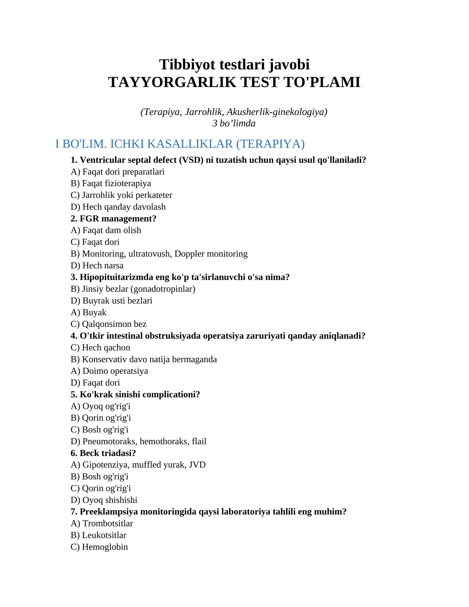 Tibbiyot testlari javobi