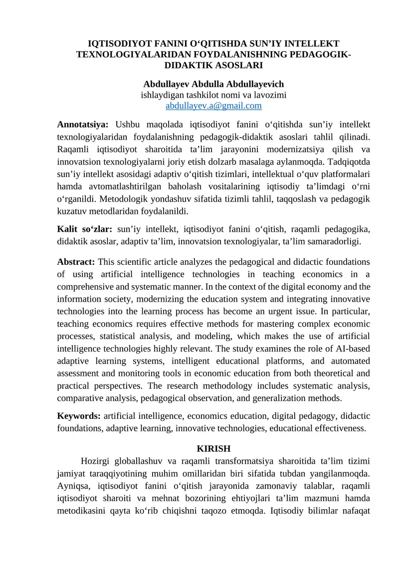 IQTISODIYOT FANINI OʻQITISHDA SUNʼIY INTELLEKT TEXNOLOGIYALARIDAN FOYDALANISHNING PEDAGOGIK-DIDAKTIK ASOSLARI
