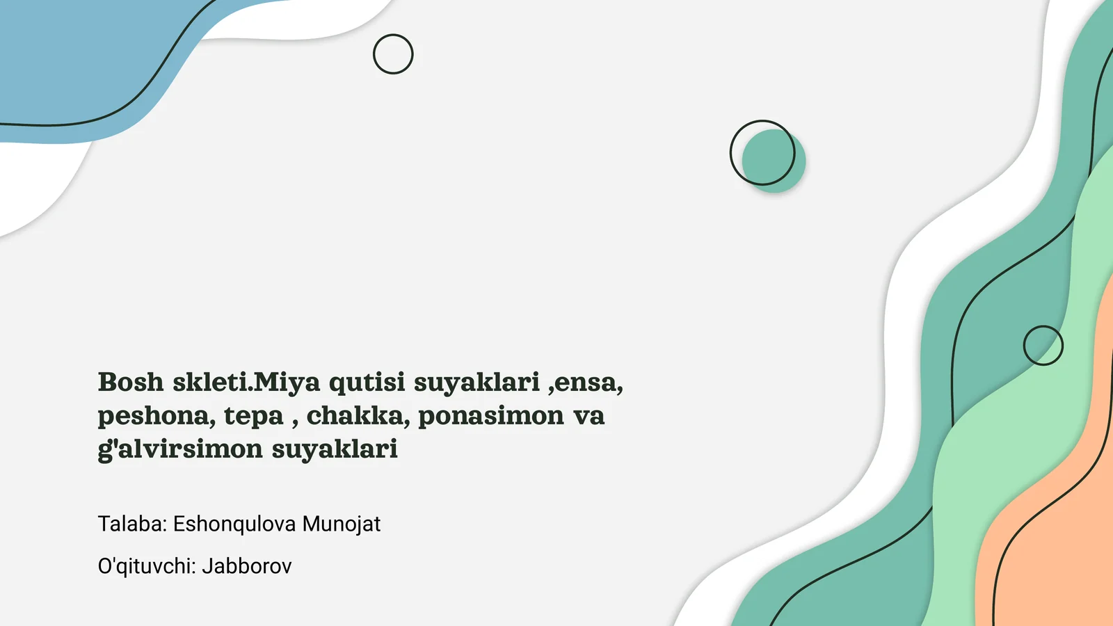 Bosh skleti.Miya qutisi suyaklari,ensa, peshona, tepa, chakka, ponasimon va g'alvirsimon suyaklari