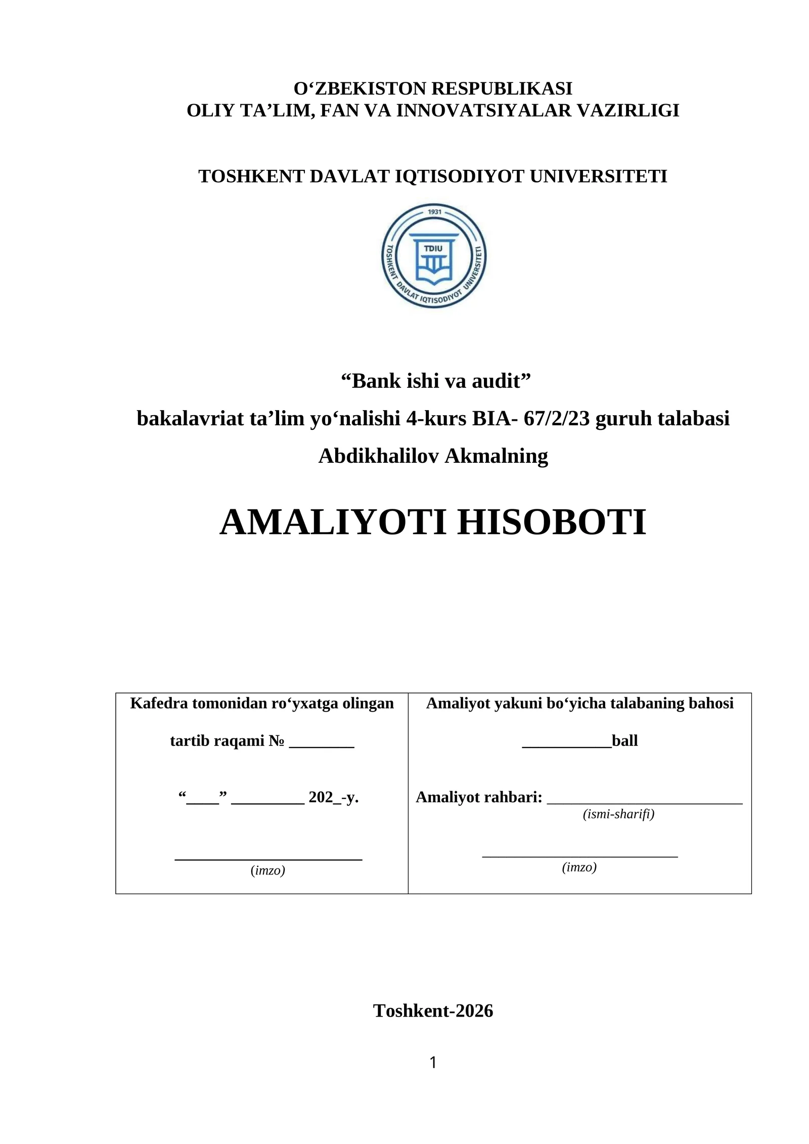 Mikrokreditbank” ATB Qashqadaryo viloyati Kasbi tuman bank xizmatlari markazi (BXM)