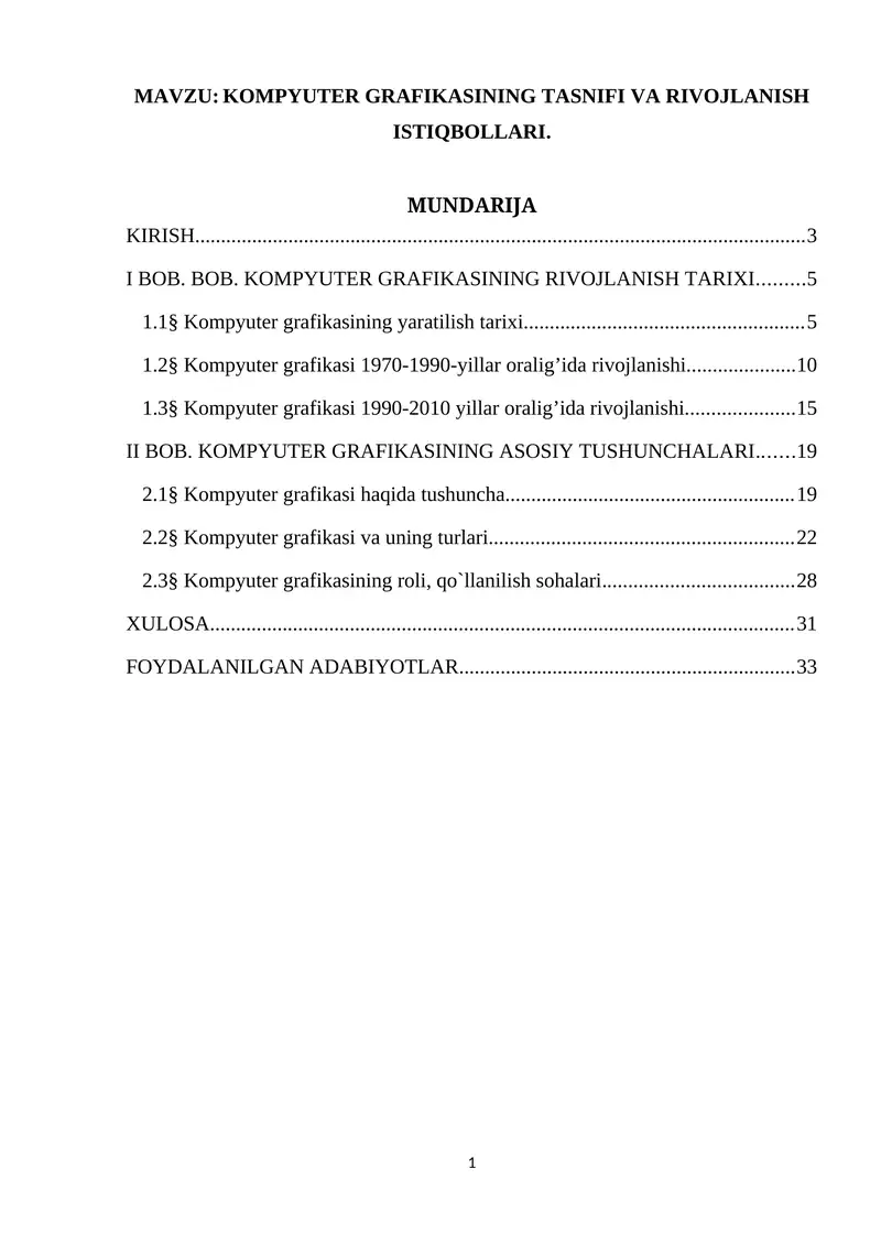 KOMPYUTER GRAFIKASINING TASNIFI VA RIVOJLANISH ISTIQBOLLARI