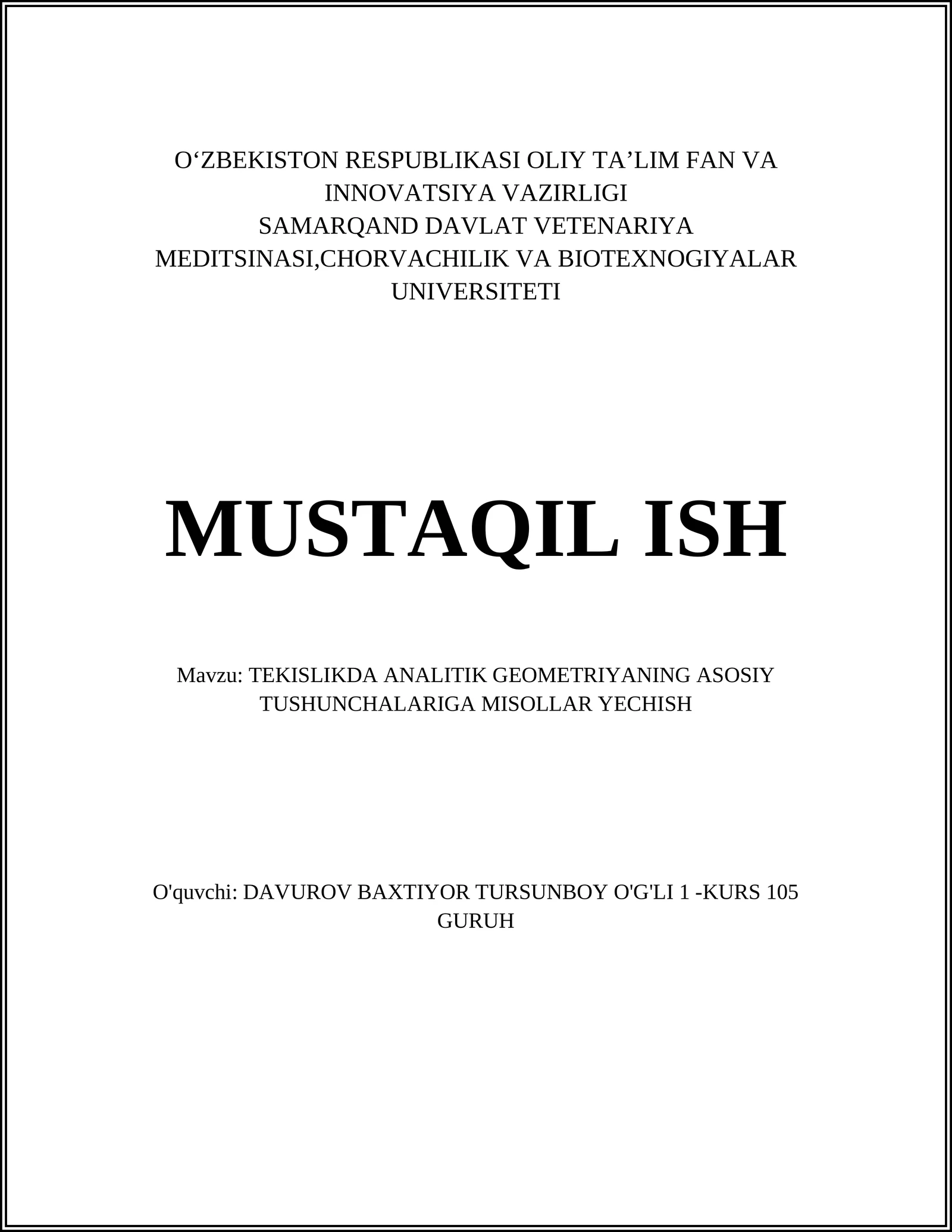 TEKISLIKDA ANALITIK GEOMETRIYANING ASOSIY TUSHUNCHALARIGA MISOLLAR YECHISH