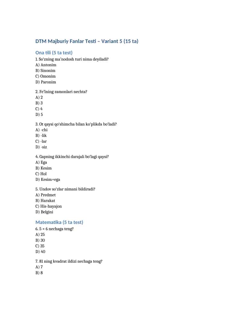 DTM majburiy 3 fan (ona tili, matematika, tarix) bo‘yicha 15 talik test Word faylda 5-namuna.