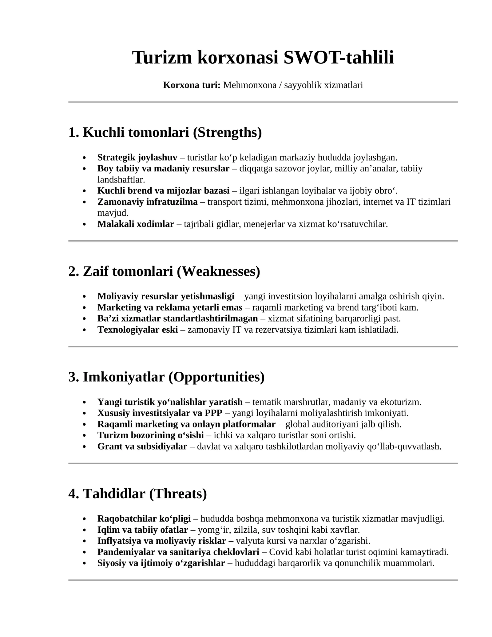 Turizm korxonasi SWOT-tahlili
