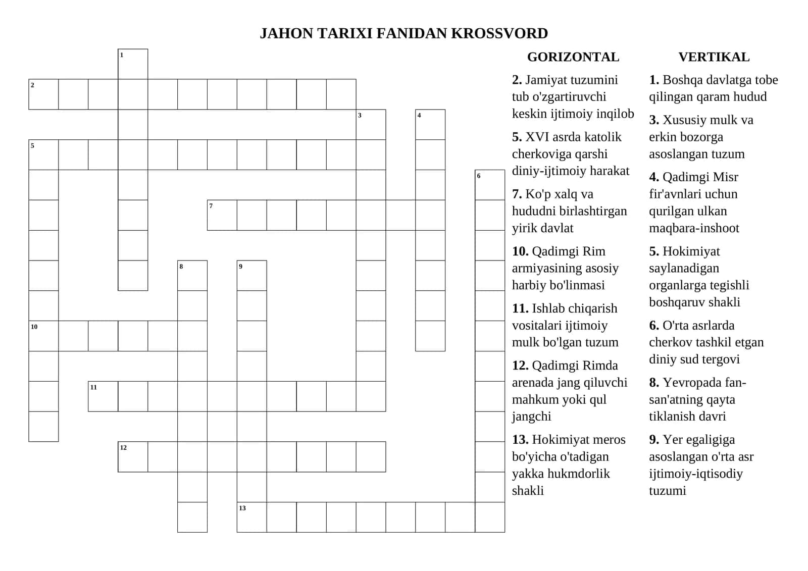 JAHON TARIXI FANIDAN KROSSVORD