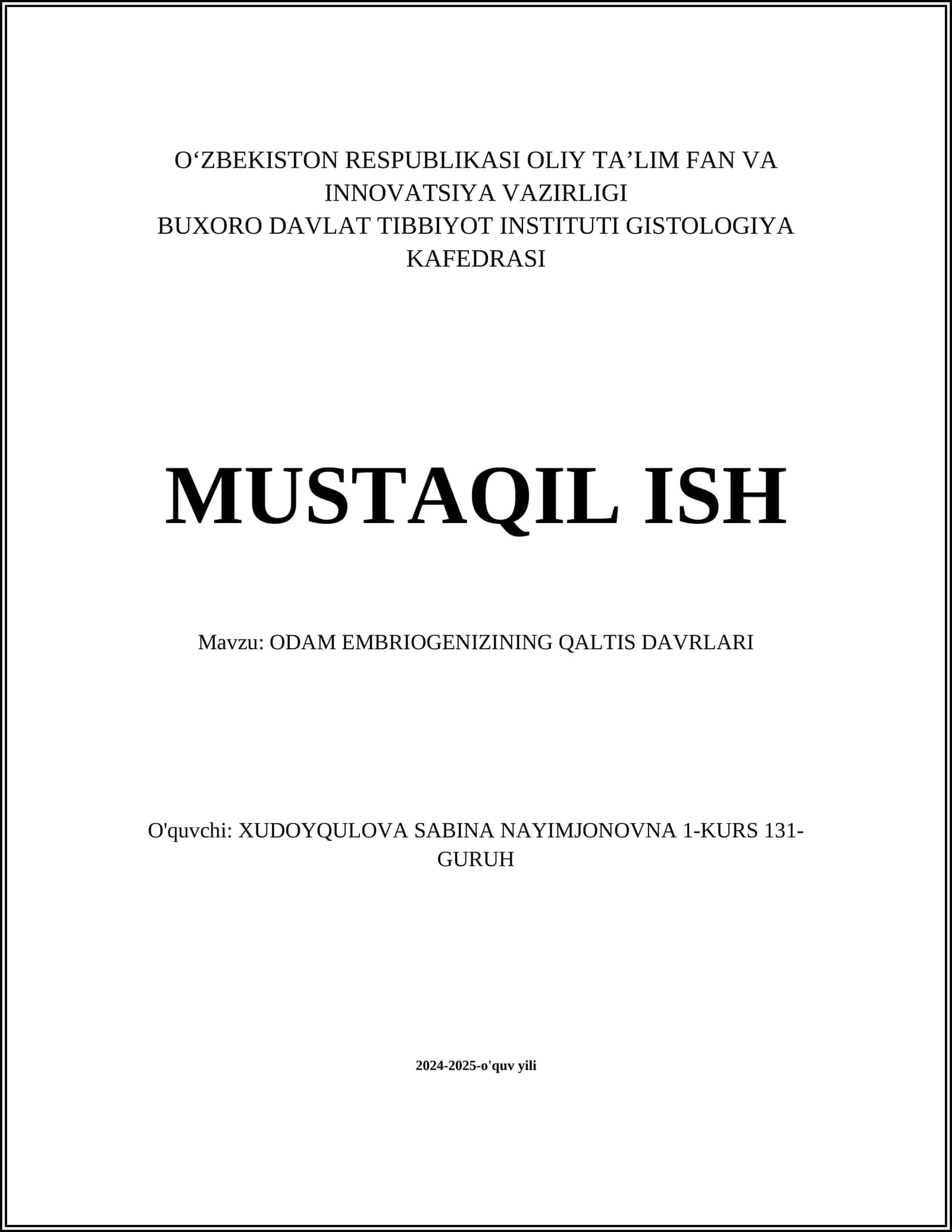 ODAM EMBRIOGENIZINING QALTIS DAVRLARI