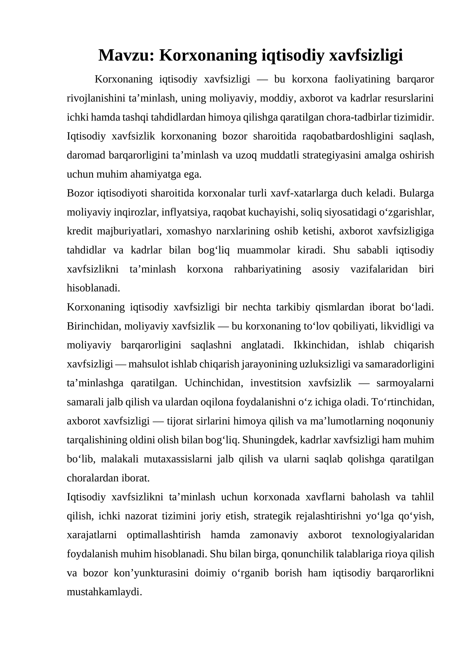 Korxonaning iqtisodiy xavfsizligi