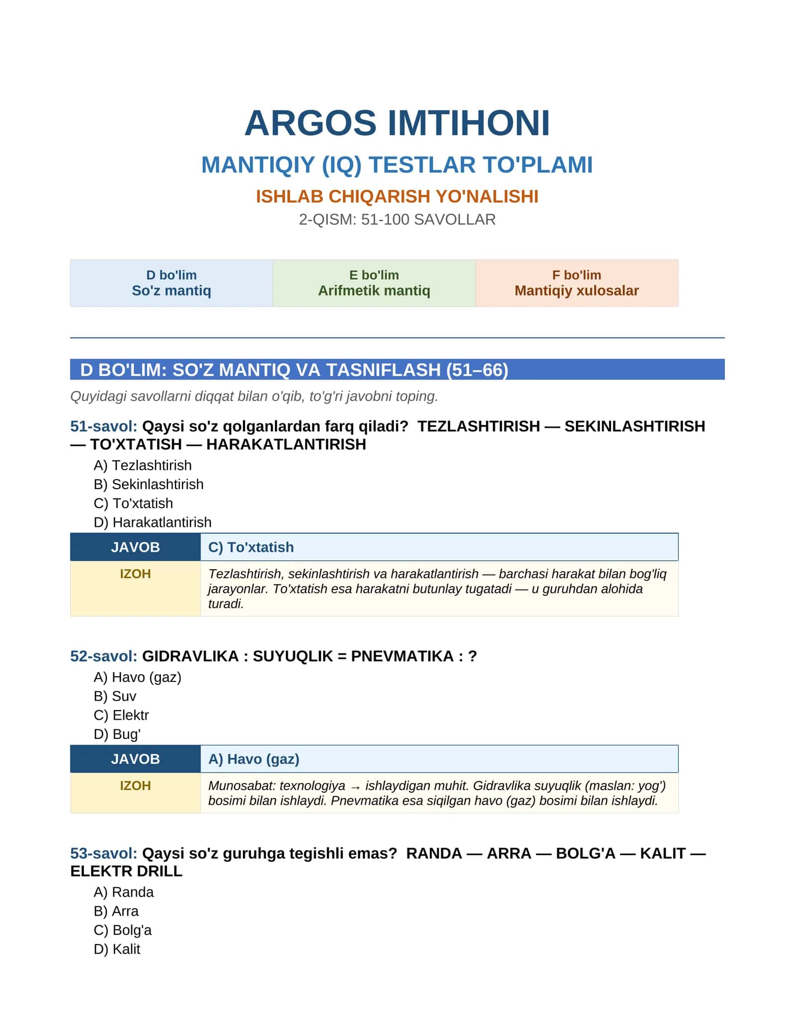 ARGOS IMTIHONI MANTIQIY (IQ) TESTLAR TO'PLAMI