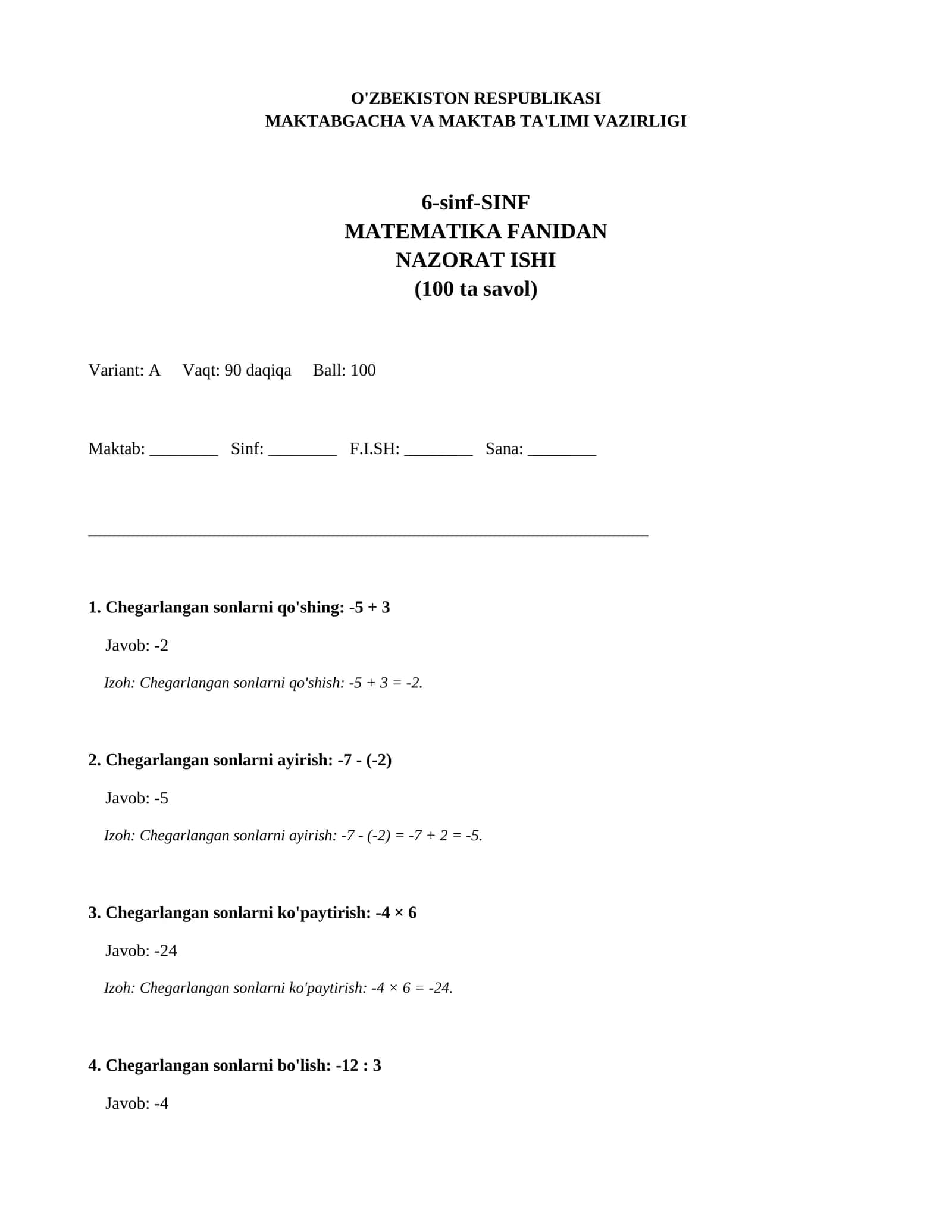 6-sinf-SINF MATHEMATIKA FANIDAN NAZORAT ISHI