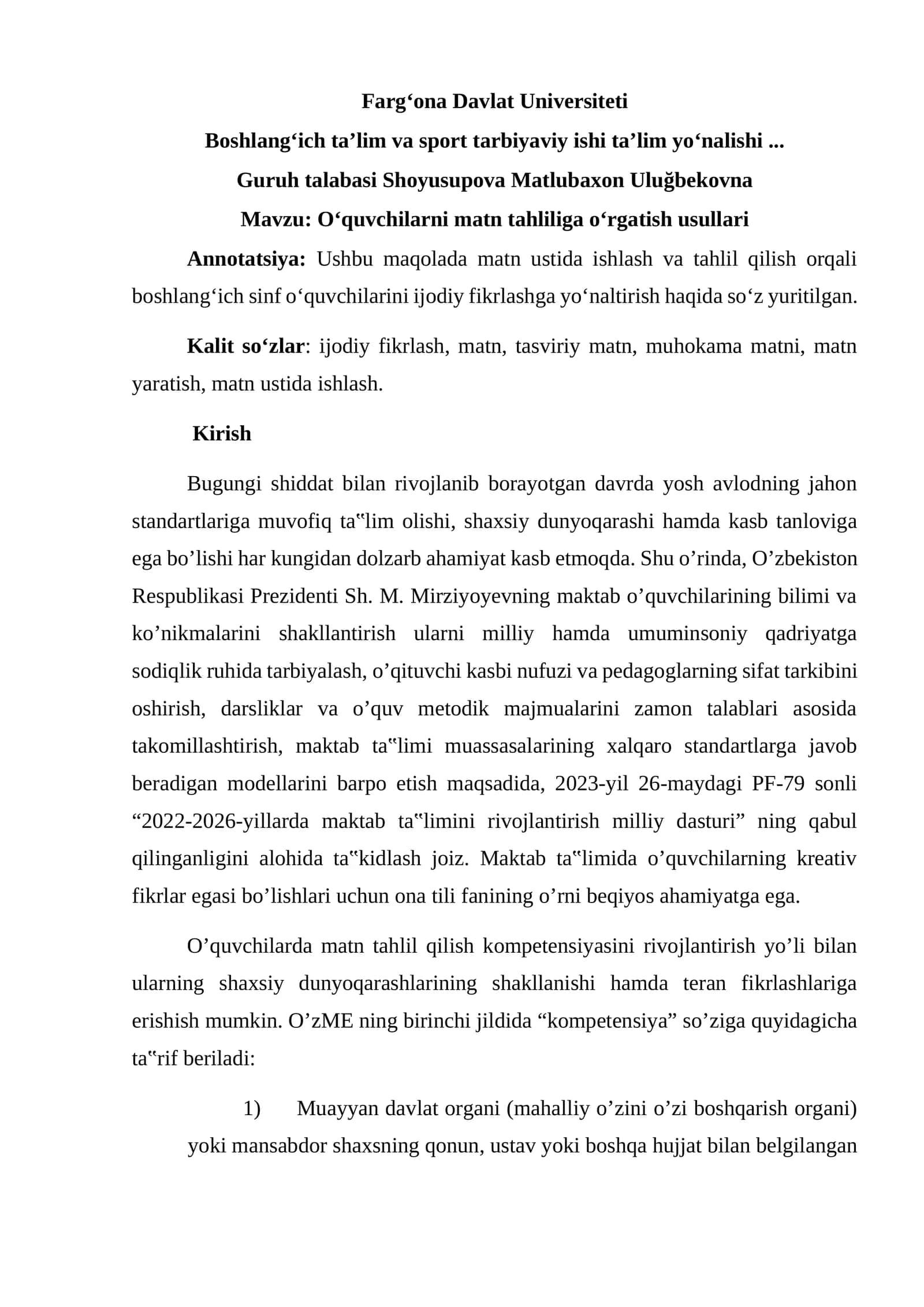 Oʻquvchilarni matn tahliliga oʻrgatish usullari