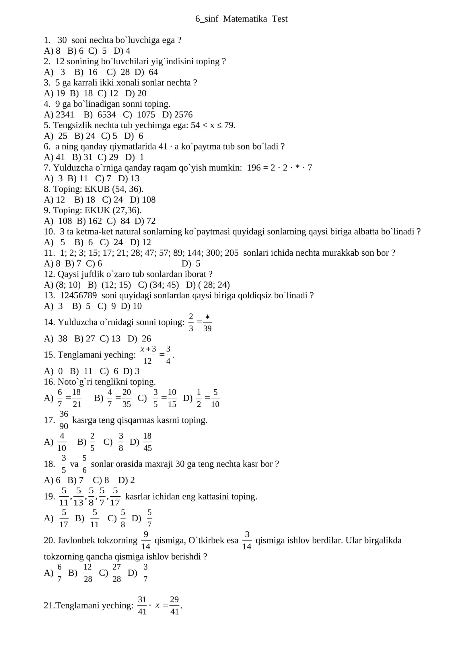 6_sinf Matematika Test