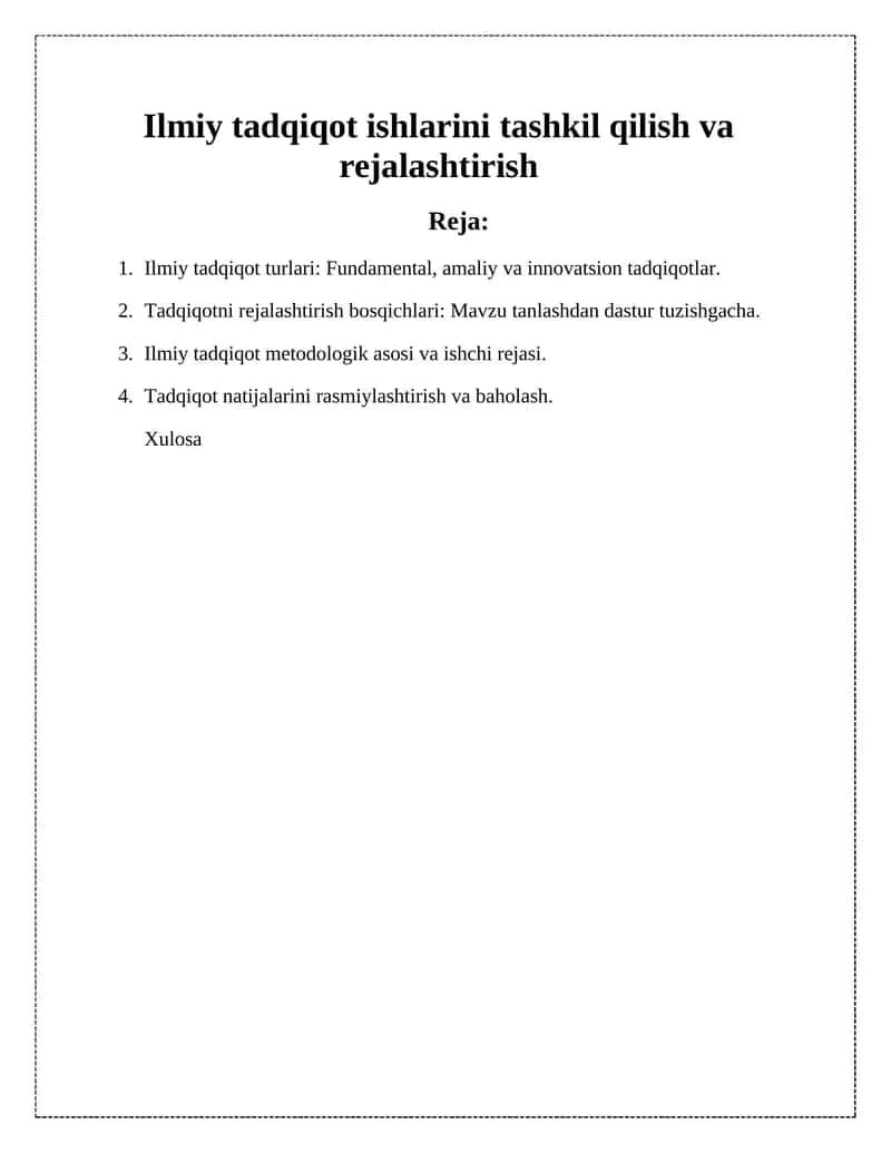 Ilmiy tadqiqot ishlarini tashkil qilish va rejalashtirish