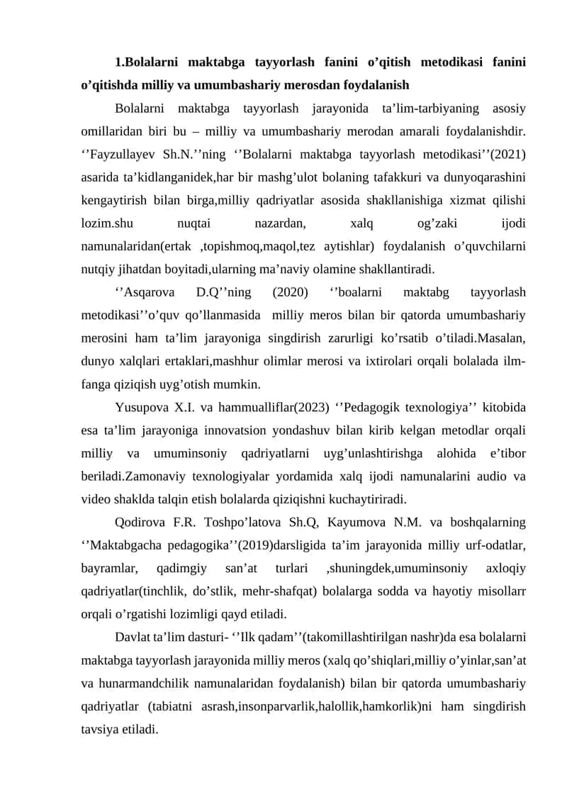 Bolalarni maktabga tayyorlash fanini o’qitish metodikasi
