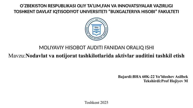 Nodavlat va notijorat tashkilotlarida aktivlar auditini tashkil etish