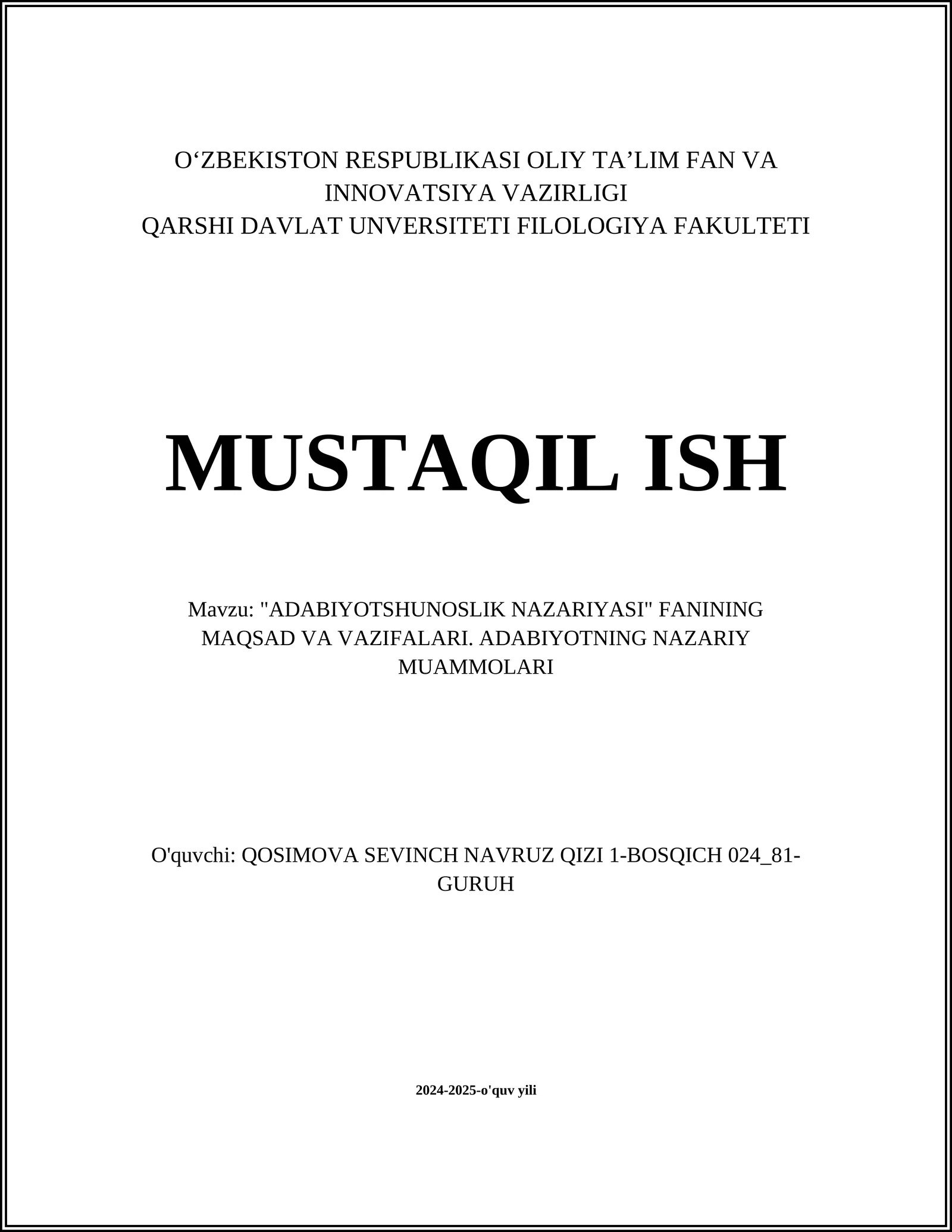 ADABIYOTSHUNOSLIK NAZARIYASI