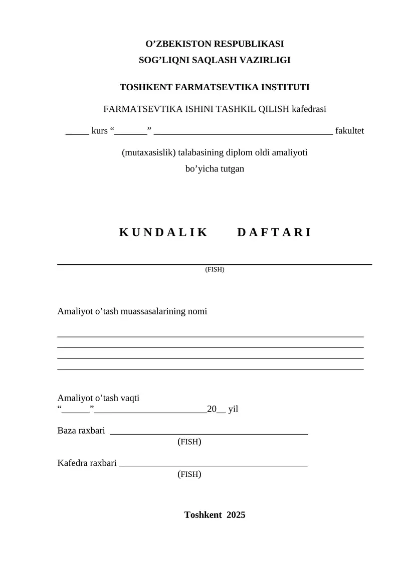 FARMATSEVTIKA ISHINI TASHKIL QILISH kafedrasi