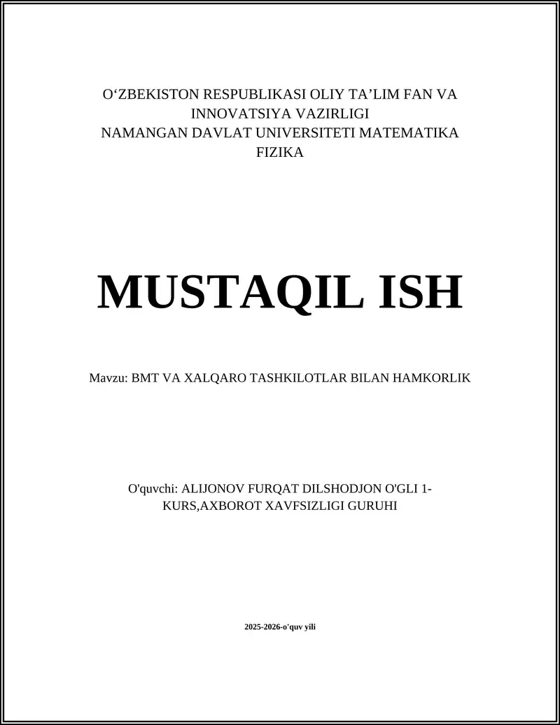 BMT VA XALQARO TASHKILOTLAR BILAN HAMKORLIK