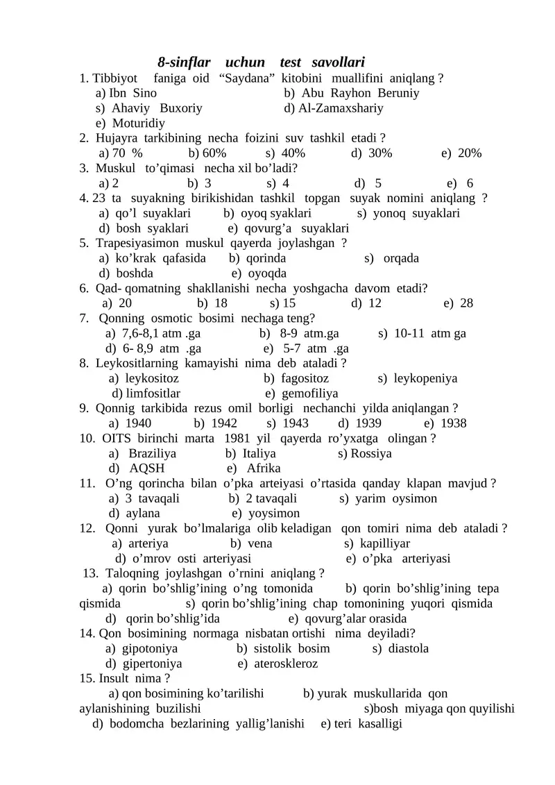8-sinflar uchun test savollari