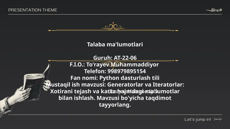 Generatorlar va Iteratorlar: Xotirani tejash va katta hajmdagi ma'lumotlar bilan ishlash. Mavzusi bo'yicha taqdimot tayyorlang