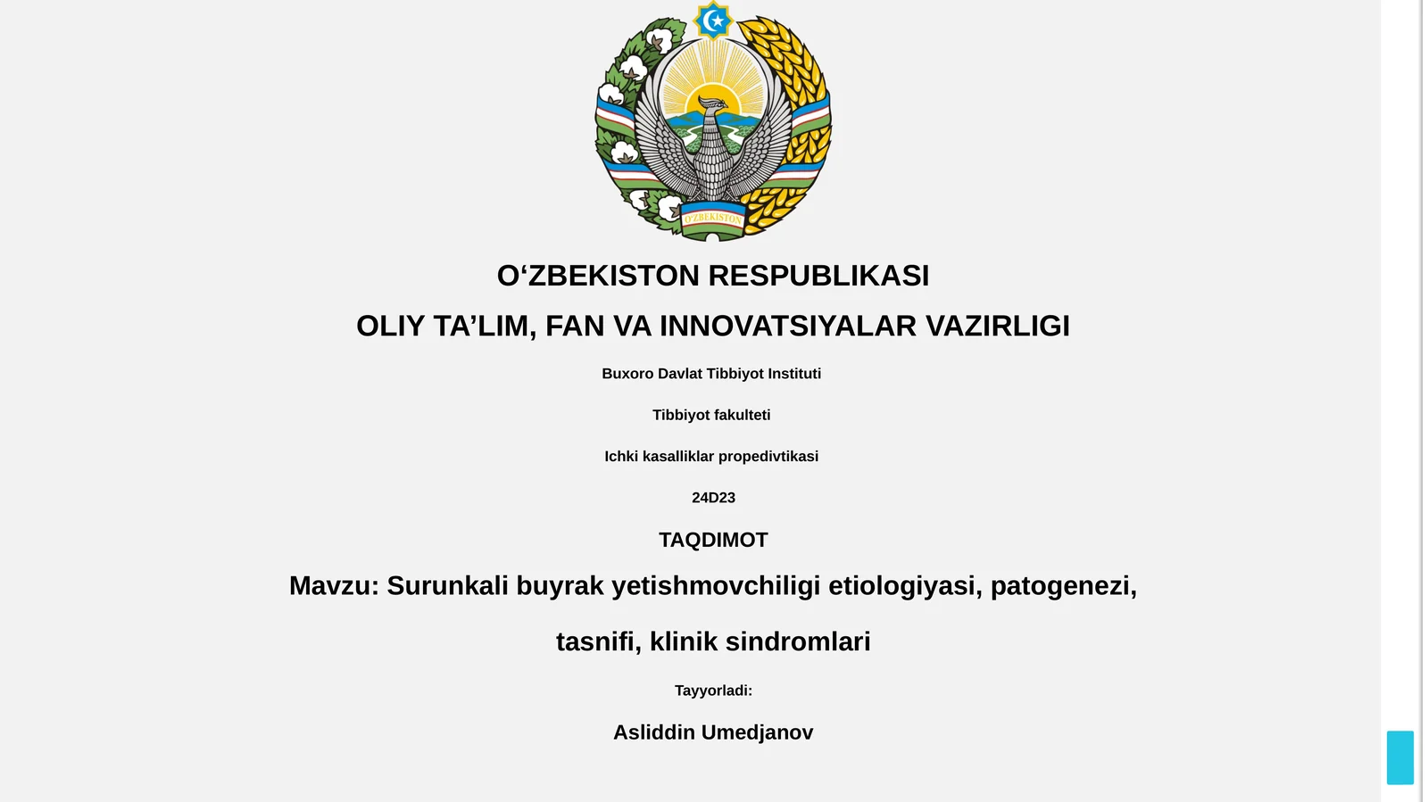 Surunkali buyrak yetishmovchiligi etiologiyasi, patogenezi, tasnifi, klinik sindromlari