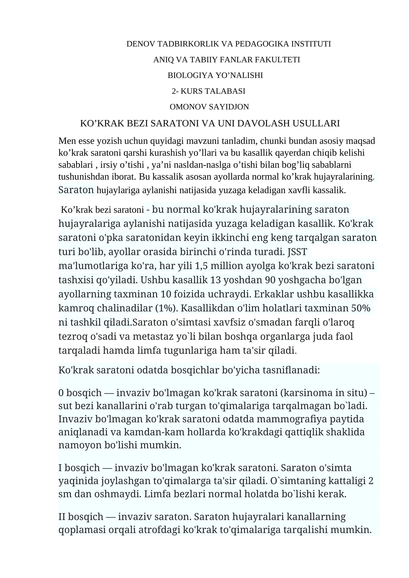 Ko'krak Bezi Saratoni va Uni Davolash Usullari