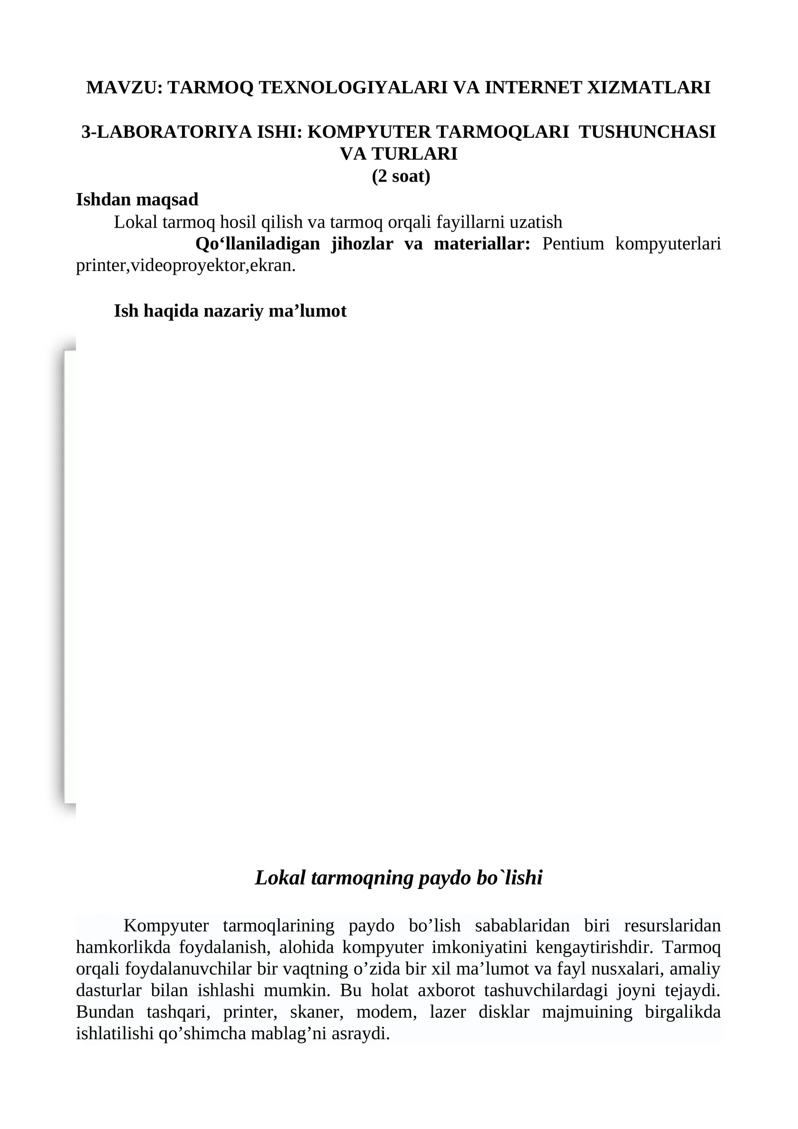 TARMOQ TEXNOLOGIYALARI VA INTERNET XIZMATLARI