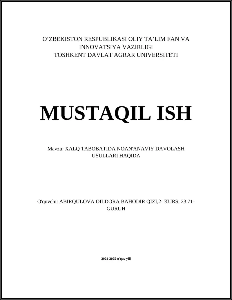 XALQ TABOBATIDA NOAN'ANAVIY DAVOLASH USULLARI