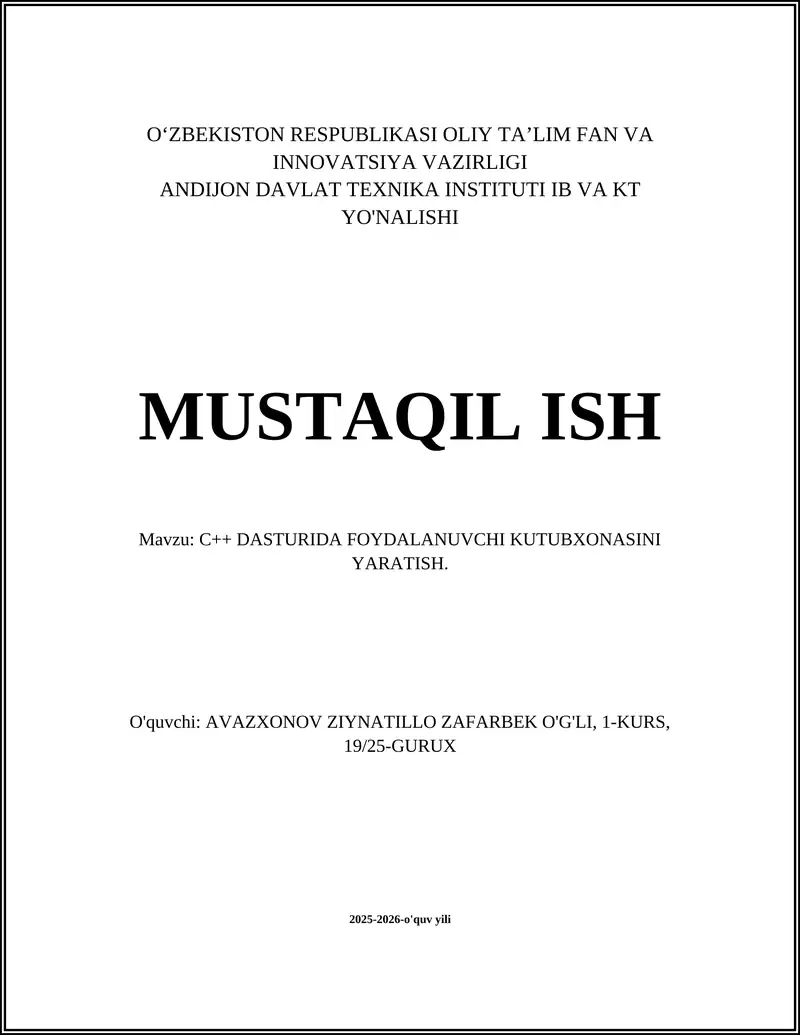 C++ DASTURIDA FOYDALANUVCHI KUTUBXONASINI YARATISH