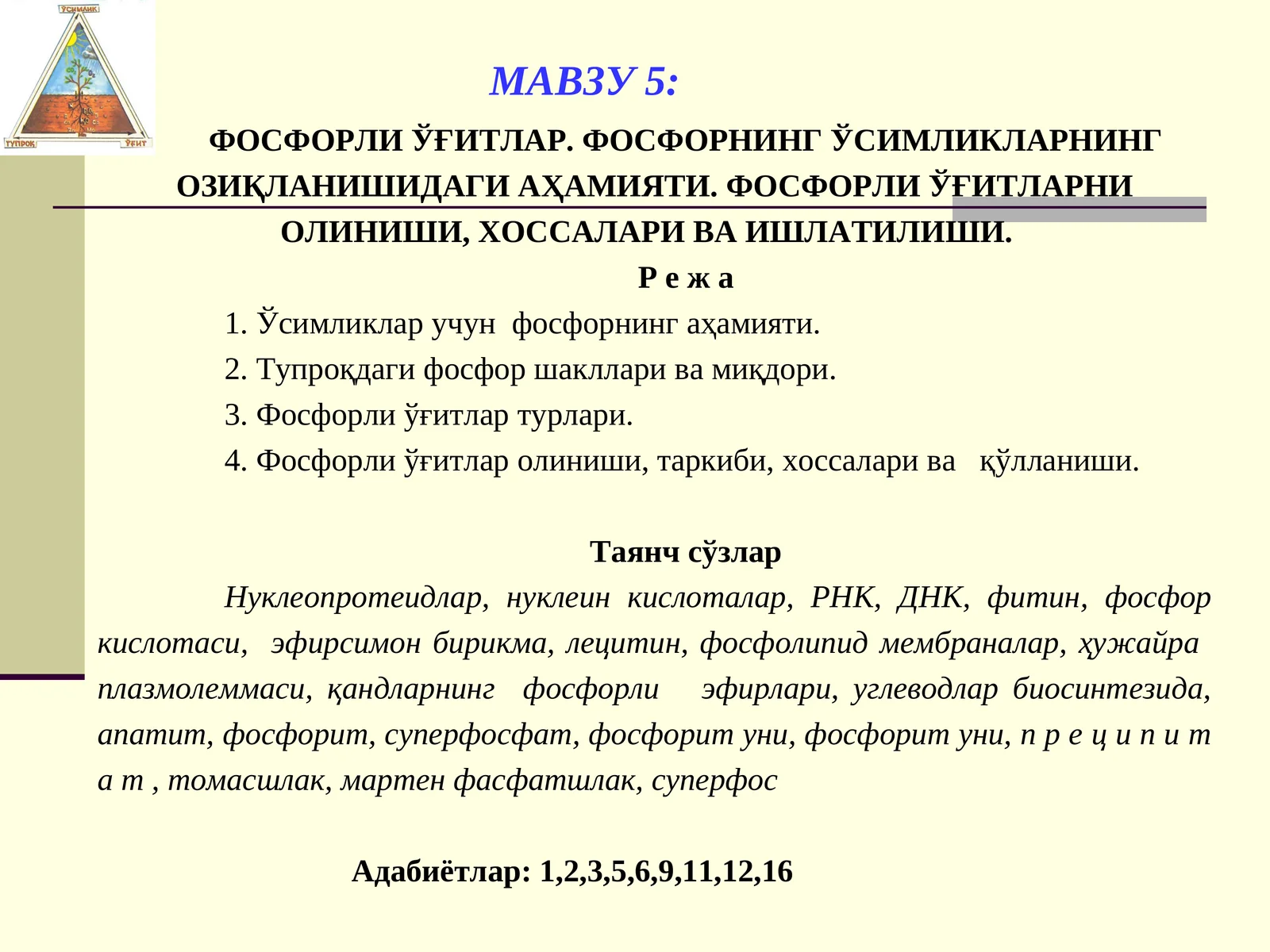 ФОСФОРЛИ ЎҒИТЛАР. ФОСФОРНИНГ ЎСИМЛИКЛАРНИНГ ОЗИҚЛАНИШИДАГИ АҲАМИЯТИ. ФОСФОРЛИ ЎҒИТЛАРНИ ОЛИНИШИ, ХОССАЛАРИ ВА ИШЛАТИЛИШИ