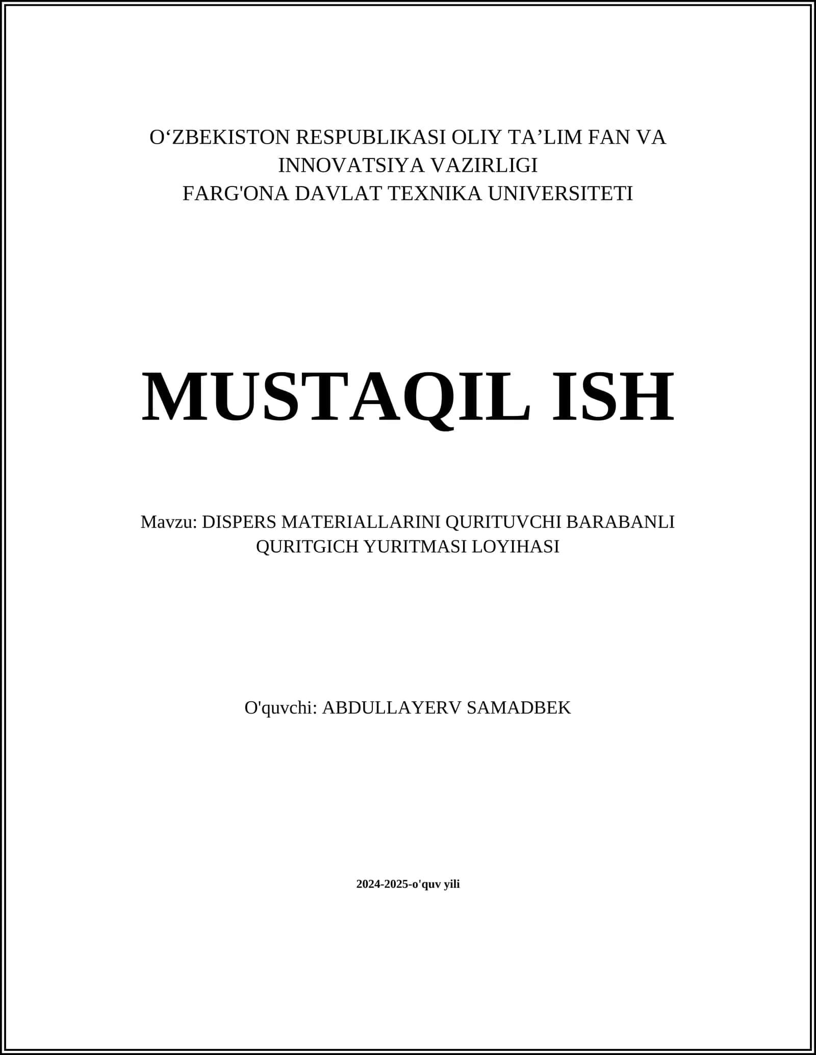 DISPERS MATERIALLARINI QURITUVCHI BARABANLI QURITGICH YURITMASI LOYIHASI