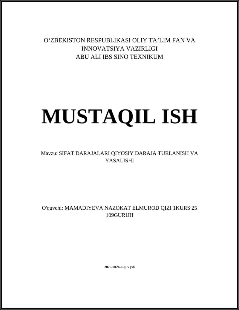 Sifat darajalari Qiyoysi Daraja Turlanishi va Yasalishi