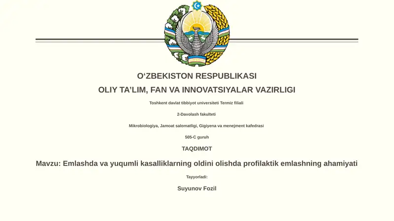 Emlashda va yuqumli kasalliklarning oldini olishda profilaktik emlashning ahamiyati