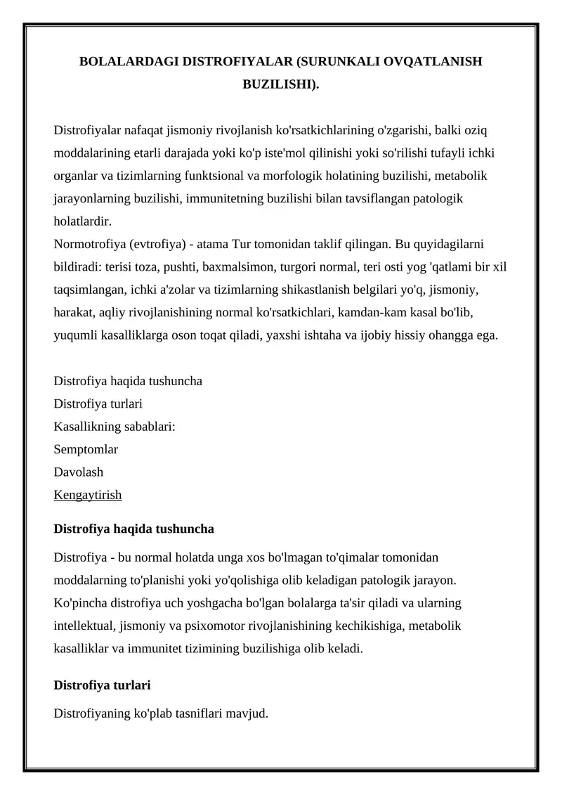 BOLALARDAGI DISTROFIYALAR (SURUNKALI OVQATLANISH BUZILISHI)