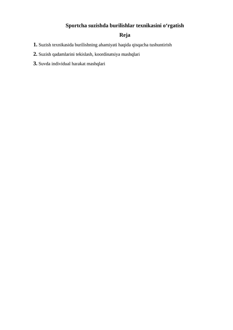 Sportcha suzishda burilishlar texnikasini o‘rgatish