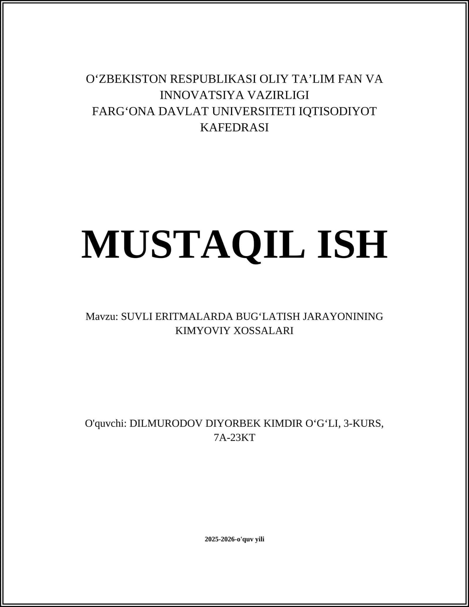 SUVLI ERITMALARDA BUGʻLATISH JARAYONINING KIMYOVIY XOSSALARI