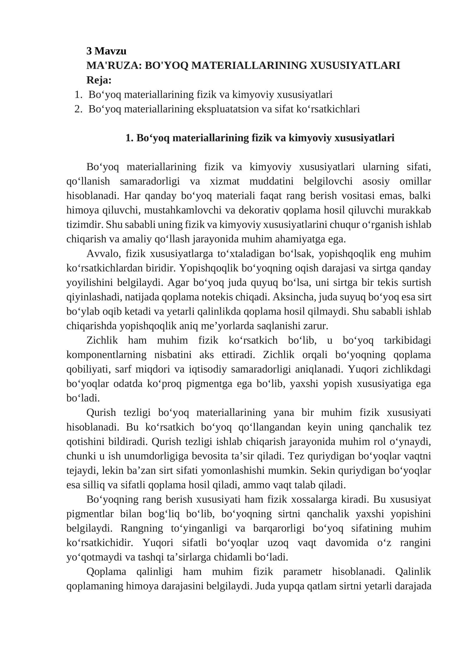MA'RUZA: BO'YOQ MATERIALLARINING XUSUSIYATLARI