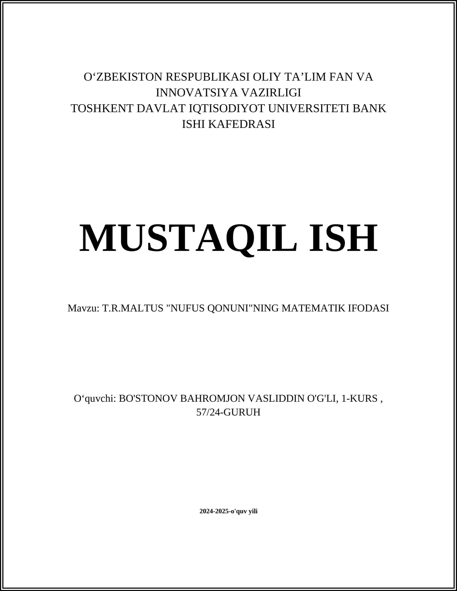 T.R.MALTUS "NUFUS QONUNI"NING MATEMATIK IFODASI
