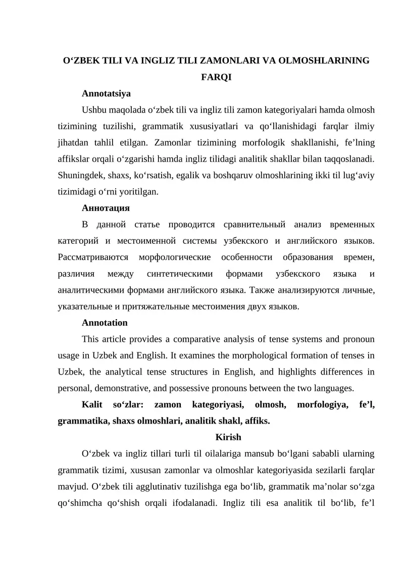 O‘ZBEK TILI VA INGLIZ TILI ZAMONLARI VA OLMOSHLARINING FARQI