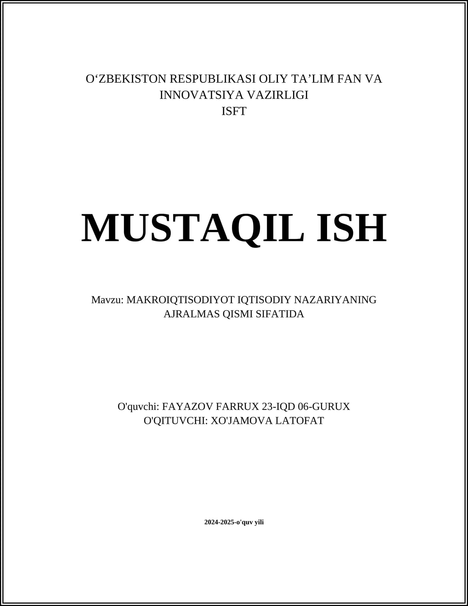 MAKROIQTISODIYOT IQTISODIY NAZARIYANING AJRALMAS QISMI SIFATIDA
