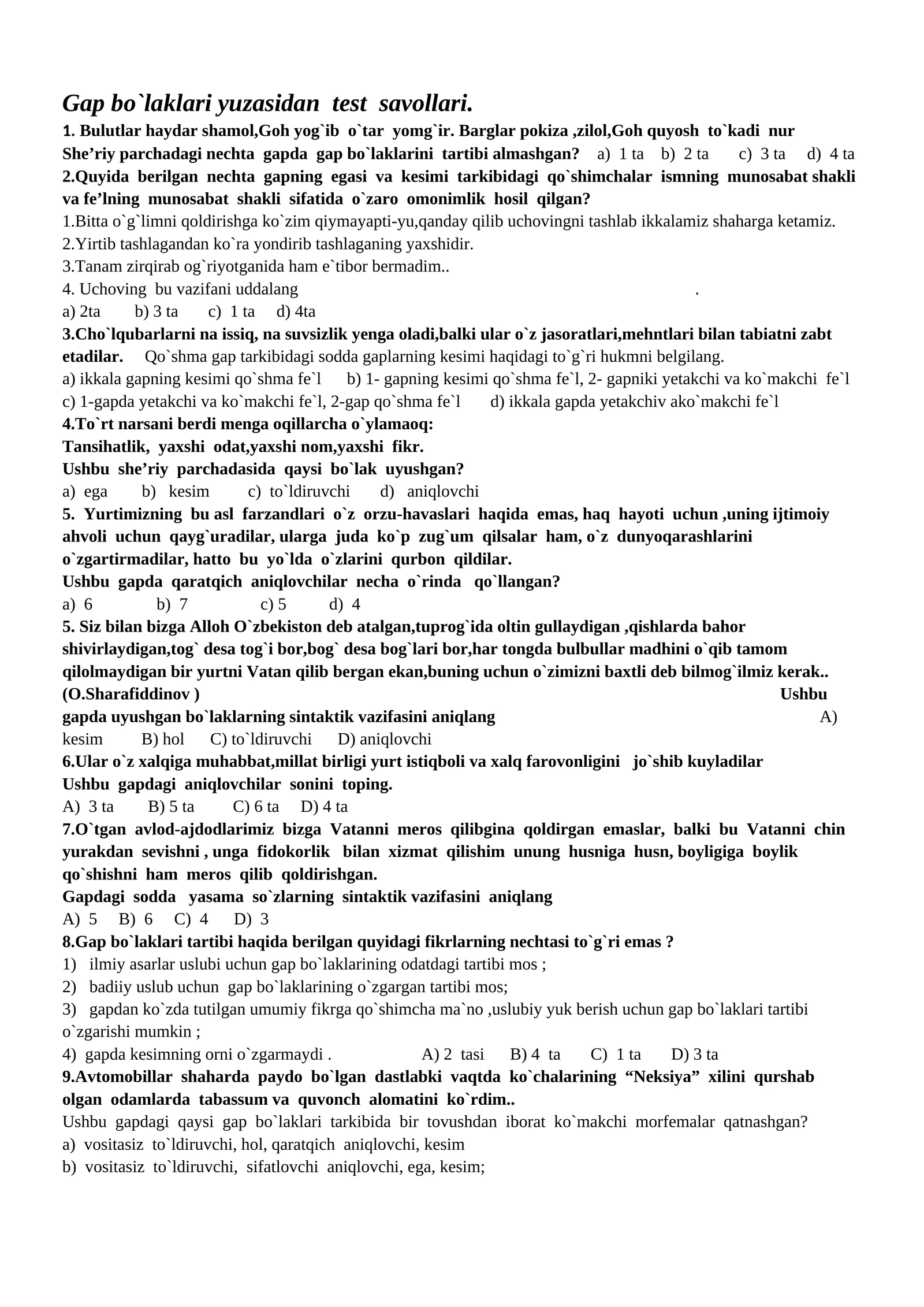 Gap bo`laklari yuzasidan test savollari