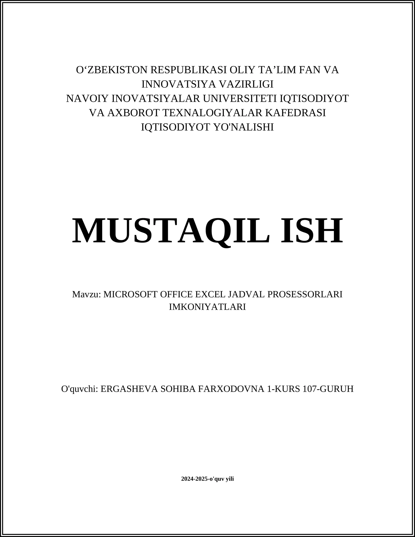 MICROSOFT OFFICE EXCEL JADVAL PROSESSORLARI IMKONIYATLARI