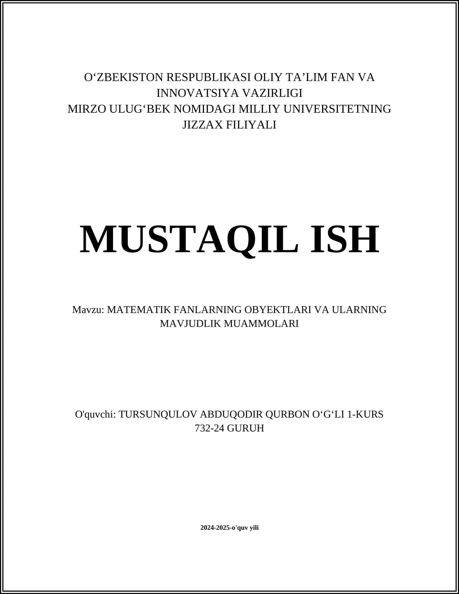 MATEMATIK FANLARNING OBYEKTLARI VA ULARNING MAVJUDLIK MUAMMOLARI