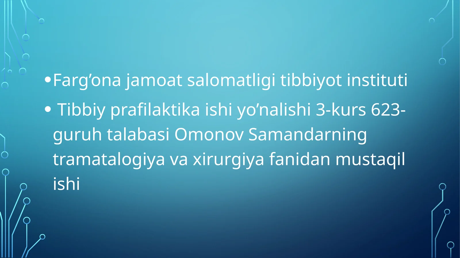 POLITRAVMA. TRAVMATIK SHOK. INFUZION VA QON BOSUVCHI TERAPIYANI QO‘LLASHDA ZAMONAVIY YONDASHUVLAR
