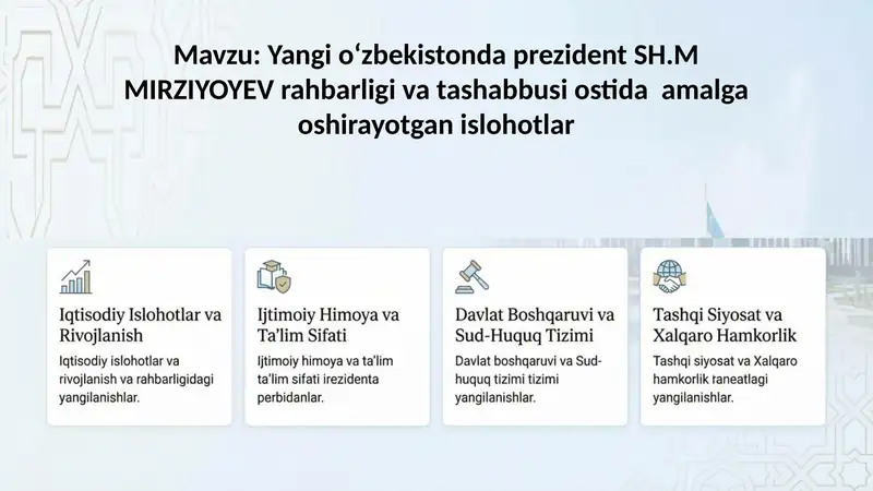 Yangi oʻzbekistonda prezident SH.M MIRZIYOYEV rahbarligi va tashabbusi ostida amalga oshirayotgan i