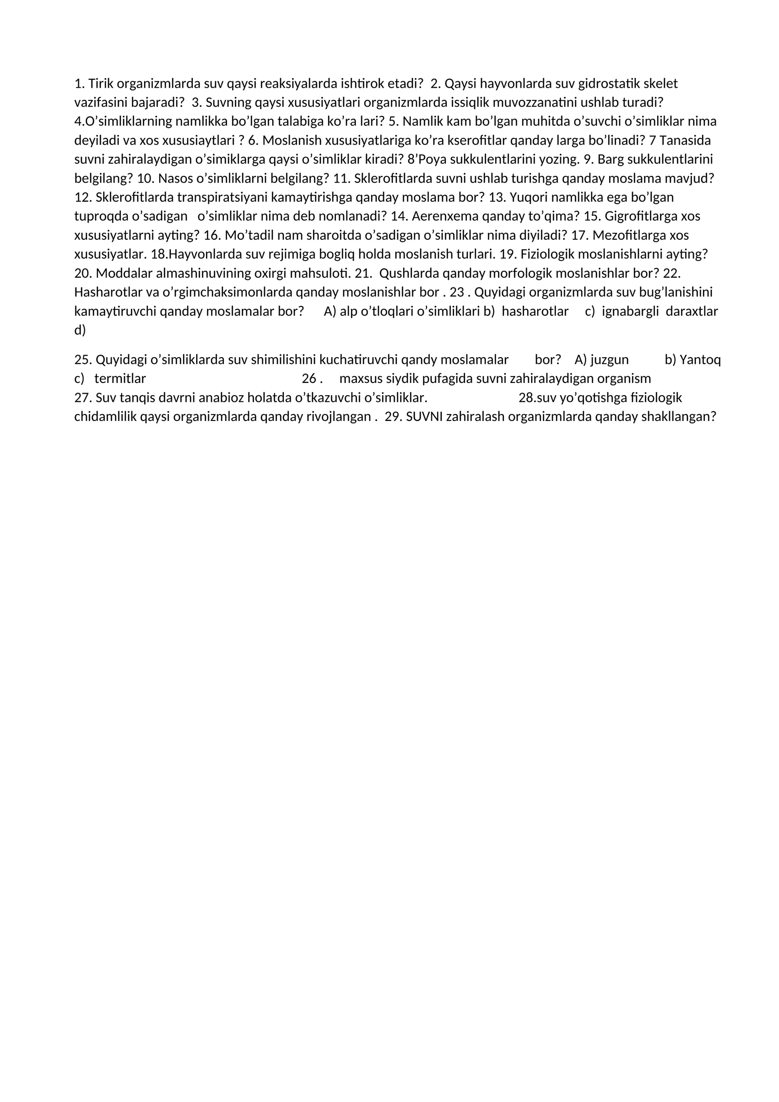 Suvning organizmlarga ta'siri