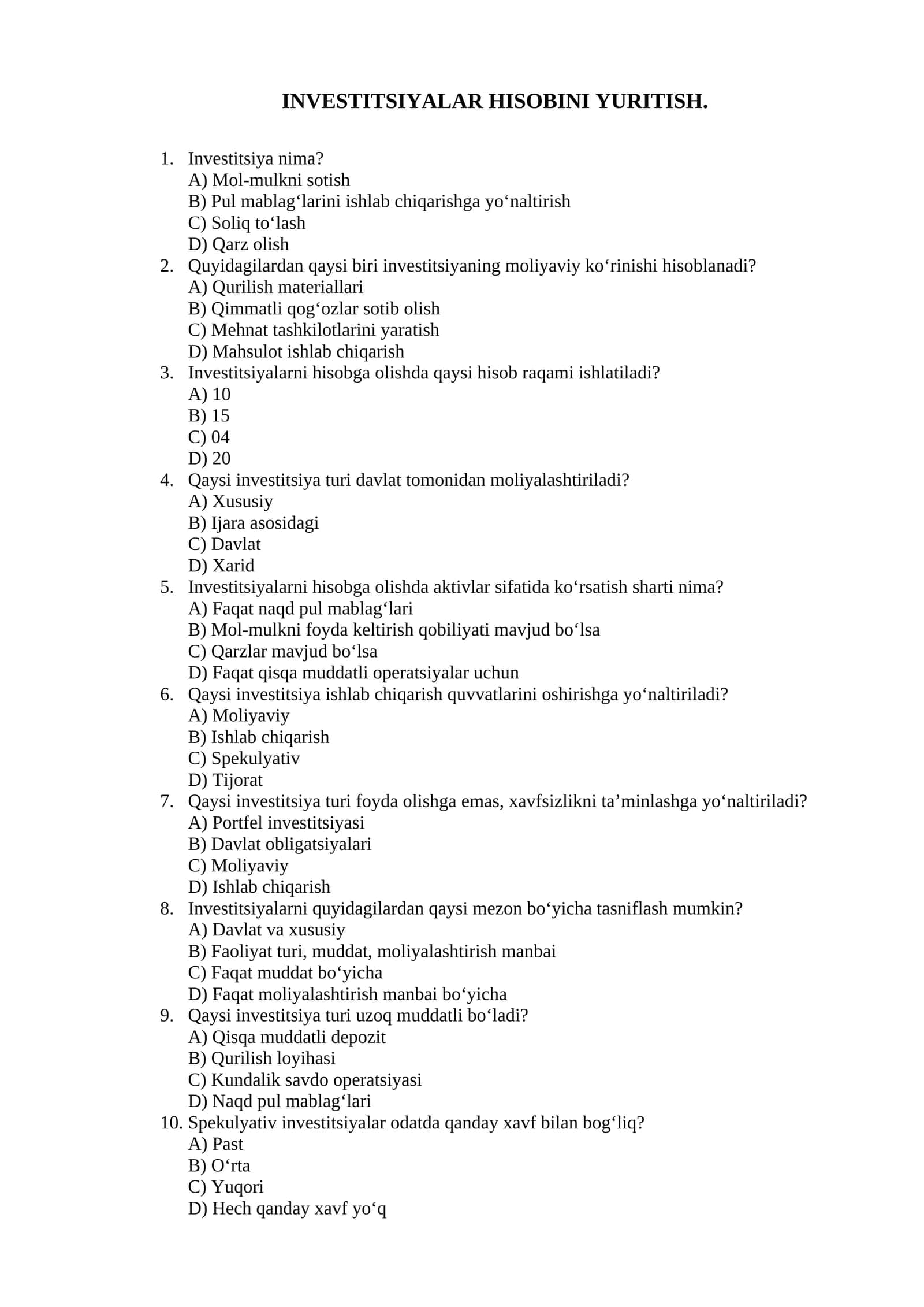 Investitsiyalar Hisobini Yuritish