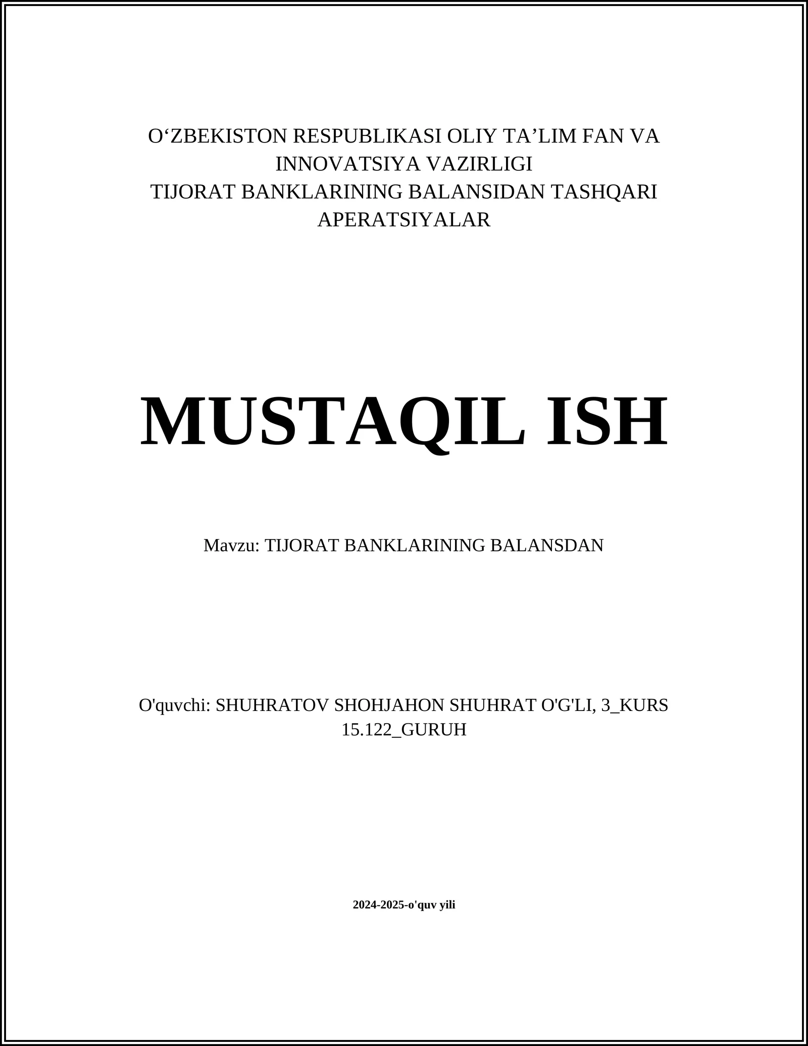 TIJORAT BANKLARINING BALANSDAN TASHQARI APERATSIYALAR